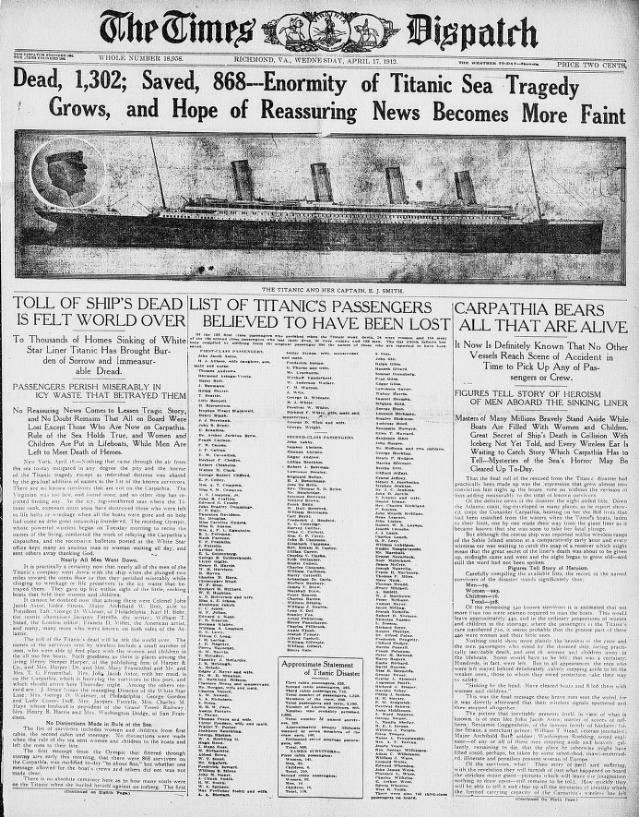 Titanic Daily Coverage, Times Dispatch  Tuesday-Sunday 4/16-4/21/1912